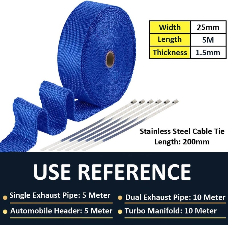 LKRXW Blue Exhaust Heat Wrap 1" x 16 Feet Motorcycle Exhaust Header Pipe Wrap Fiberglass Heat Shield Tape Car Manifold Insulation Thermal Protection with 6pcs Stainless Ties - Image 5